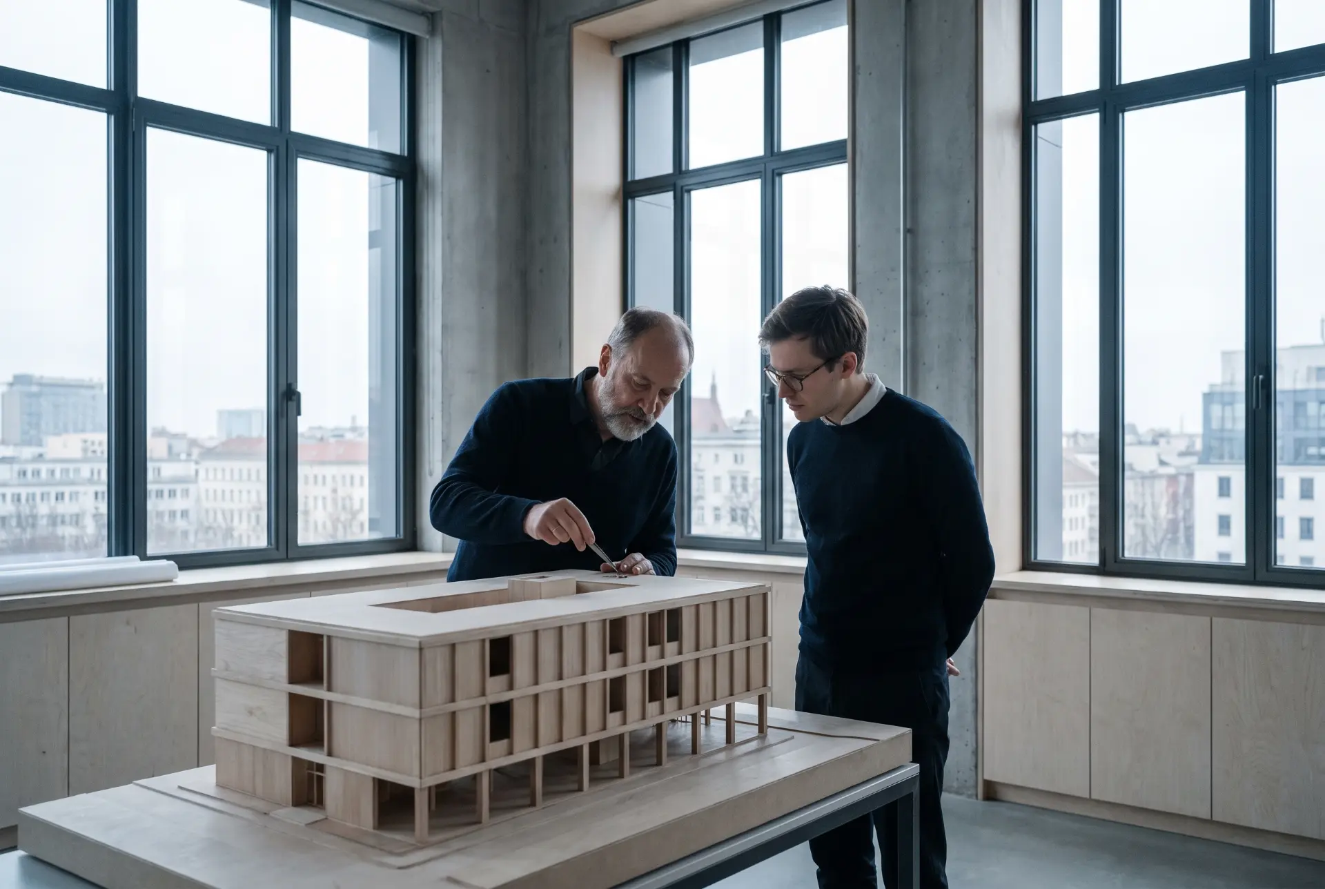 Two specialists reviewing an architectural model in a bright office
