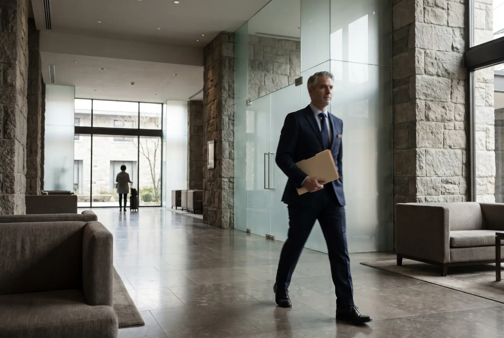 A specialist walking through a stone-walled lobby with a folder