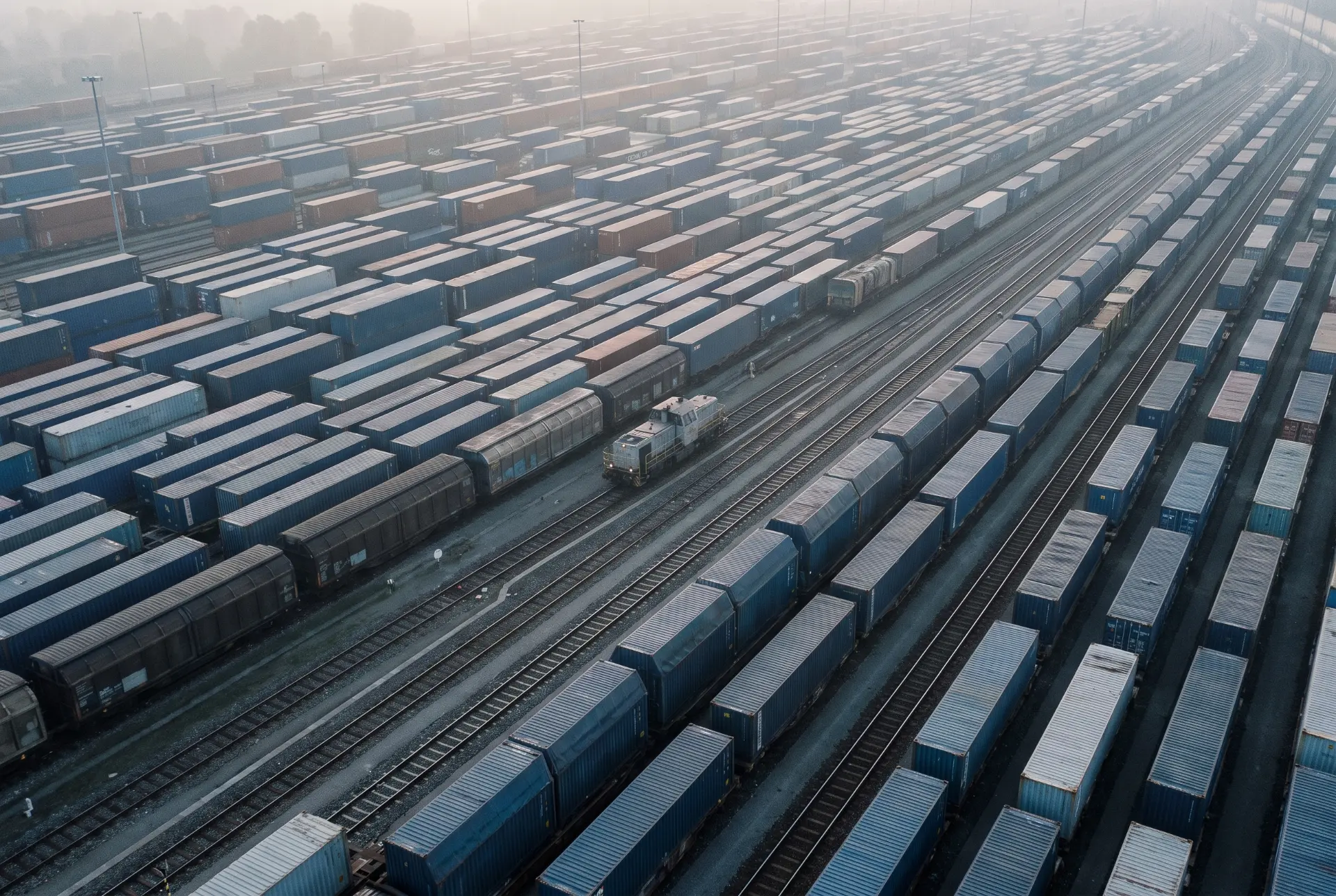 Aerial view of container wagons on railway tracks in morning fog