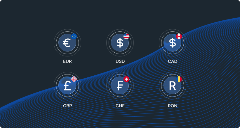 Supported FX currencies at launch — EUR, USD, CAD, GBP, CHF, RON